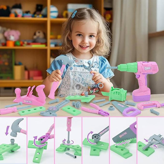 Kids Tool Set, 31 PCS Kids Tool Box Pretend Play Construction Toy with Electric Drill Hammer Tool Accessories Toddler Tool Set for Girls Boys Ages 3 4 5 6 7 Years Old