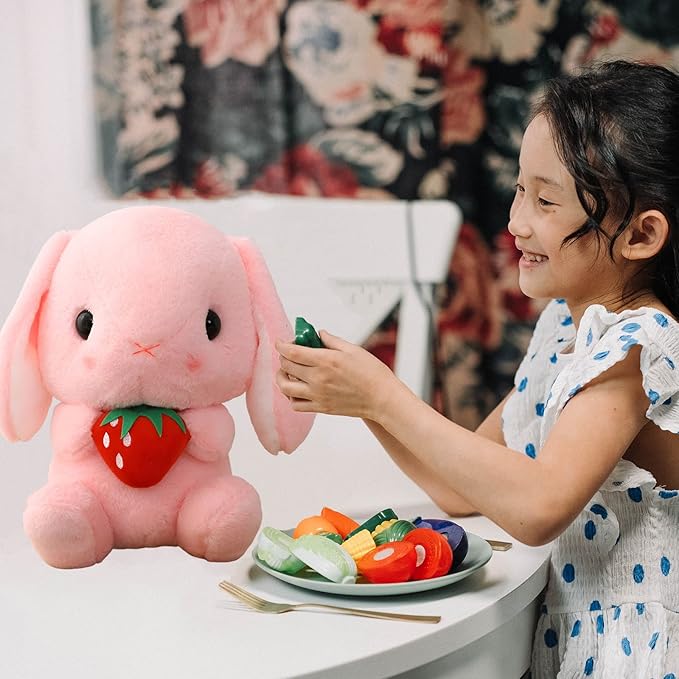 HOUPU Soft Toy - Sitting Lop Eared Rabbit, Easter White Rabbit Stuffed Bunny Animal with Carrot Soft Lovely Realistic Long-Eared Standing Pink Plush Toys (Pink-Strawberry,16.9in/43cm)