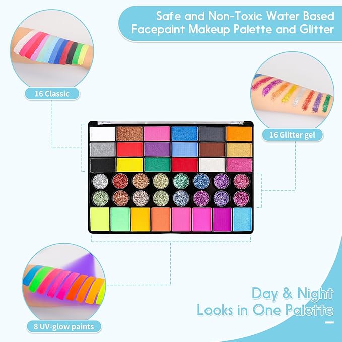 Pintada 42 Color Face Painting Kit for Kids +30g Black and White Face Paint - Non Toxic Water Based Face Paint Palette With Stencils, Brush, Gems. For Carnival, Halloween, Costume Makeup