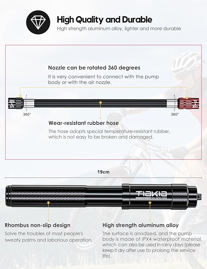 Tiakia Mini Bike Pump,Portable Compact Bicycle Pump,High Pressure Frame Pump 260PSI- Air Hand Pump Fit Presta, Schrader & Woods Valves,Aluminum Alloy Durable Tire Pump for Road/Mountain/BMX Bikes