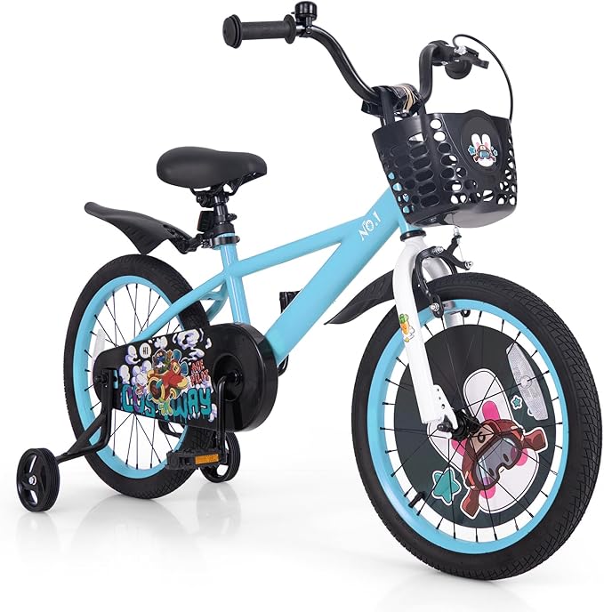 BABY JOY Rabbit Pilot Sporty Kids Bike, 12 14 16 18 Inch Child Bike for 3-8 Years Old with Adjustable Height, Training Wheels, Storage Basket, Handbrake & Coaster Brake, Kids Bicycle for Girls Boys