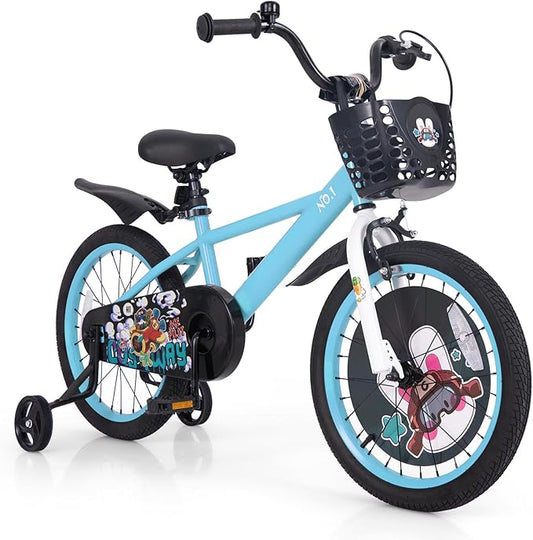 BABY JOY Rabbit Pilot Sporty Kids Bike, 12 14 16 18 Inch Child Bike for 3-8 Years Old with Adjustable Height, Training Wheels, Storage Basket, Handbrake & Coaster Brake, Kids Bicycle for Girls Boys