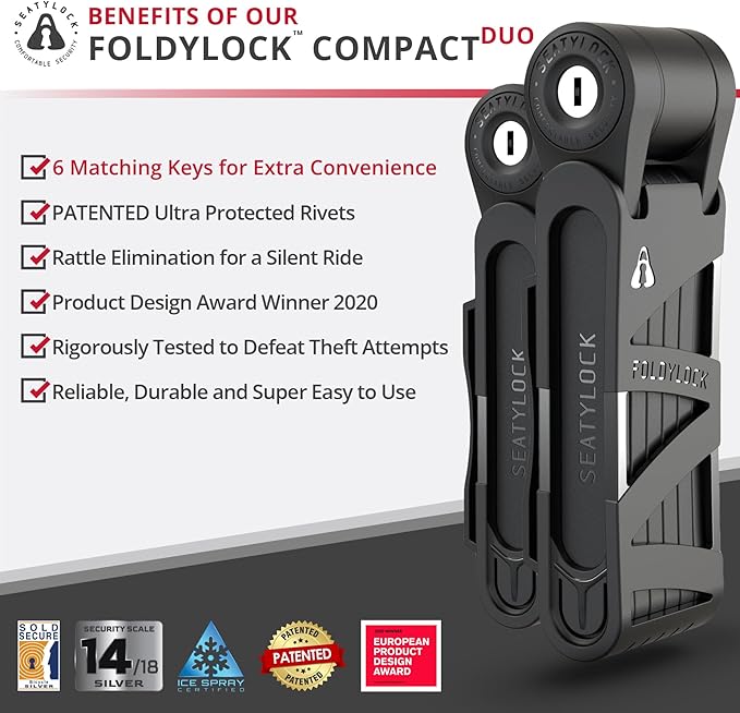 Seatylock FoldyLock Compact Folding Bike Locks - Set of 2 Matching Bike Locks with 6 Identical Keys - Patented Lightweight Heavy Duty Anti Theft with Carrying Cases for Bicycles and E-Bikes