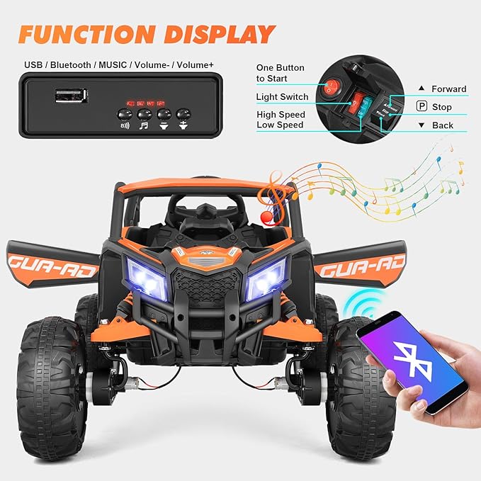JOYLDIAS 4WD Ride On Car, 12V Battery Powered Electric Off-Road UTV for Kids, 4X4 Electric Vehicle with 4 Powerful Engines, 2.4G Remote Control, Music, Bluetooth, LED Lights for Boys and Girls, Orange