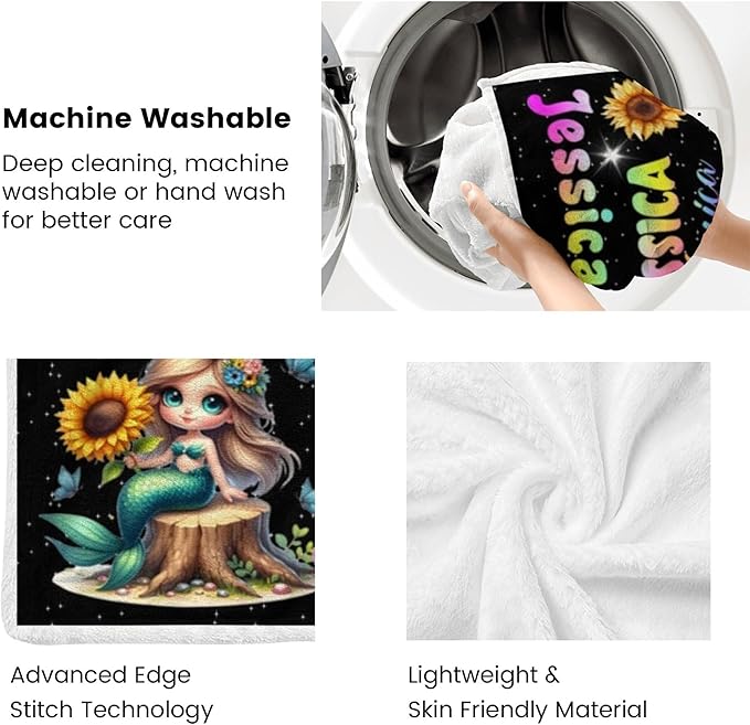 Custom Girl Blanket with Name Personalized Cute Mermaid Blanket for Newborn Customized Soft Flannel Throw Blanket Memorial Gift for Toddler on Birthday Baby Shower Christmas