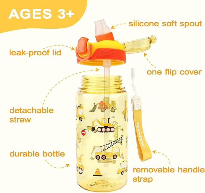 Kids Water Bottle for School or Travel, 20 Oz Durable Plastic Water Bottle with Silicone Straw and Pop-Up Spout Cover, BPA Free & Dishwasher Safe(Excavator)