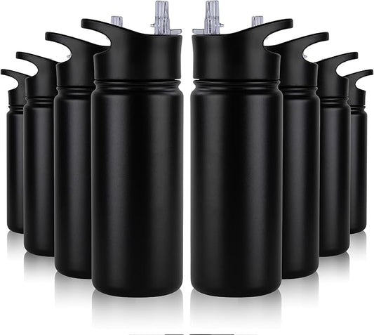 16 oz Insulated Water Bottle Bulk 8 Pack, Straw & Spout Lid, Keep Cold 24H, Spill Proof, BPA-Free, Double Wall, Stainless Steel Kids Water Bottles for School, Sports, Black