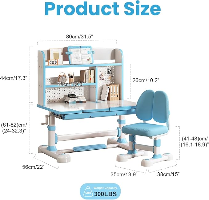 Kids Desk and Chair Set, Height Adjustable Study Table with Bookshelf & Storage Drawer, 0-50° Tiltable Desktop, Ergonomic Study Desk for Boys and Girls Ages 3-12 (Blue)