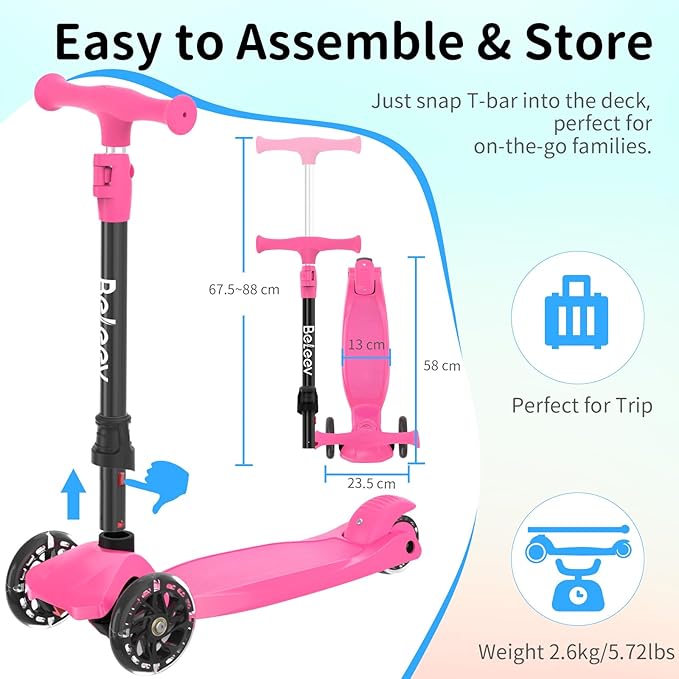 BELEEV Scooters for Kids 3 Wheel Kick Scooter for Toddlers Girls Boys, 4 Adjustable Height, Lean to Steer, Light up Wheels, Extra-Wide Deck, Easy to Assemble for Children Ages 3-12 (Rose Pink)