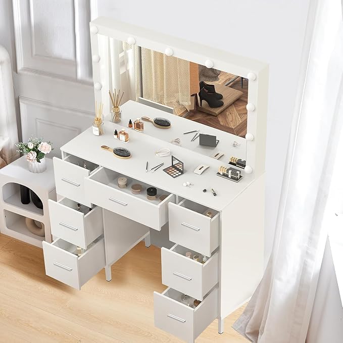 Hollywood Vanity Set, 3 Color Light Modes, Large Lighted Mirror with Brightness Adjustable, 7 Drawers for Storing Items, White Makeup Table for Girls and Women