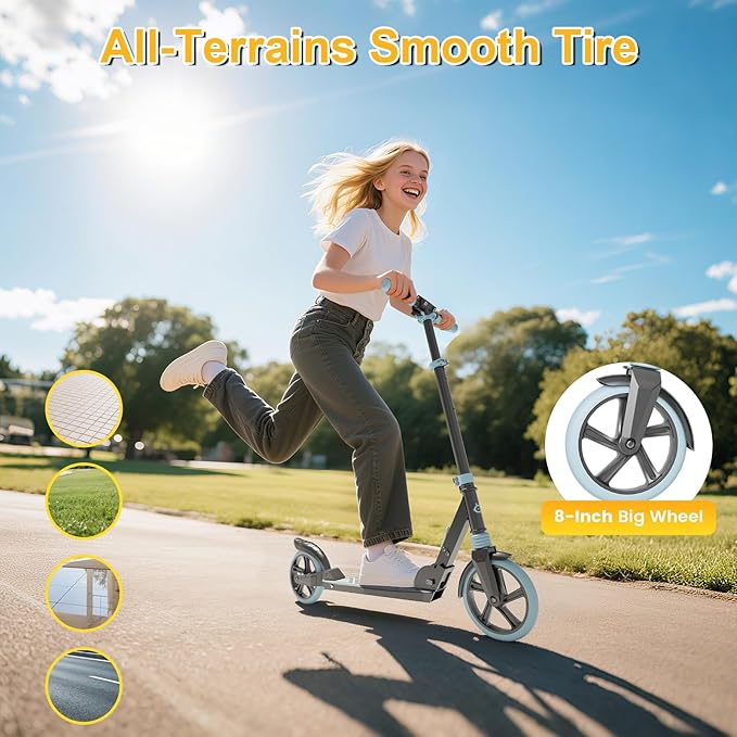 SIMATE Kick Scooter for Kids Teens & Adults, 3 Adjustable Heights, 8IN All Terrain Big Wheels, Dual Suspension, Foldable and Lightweight, Gifts for Girls Boys