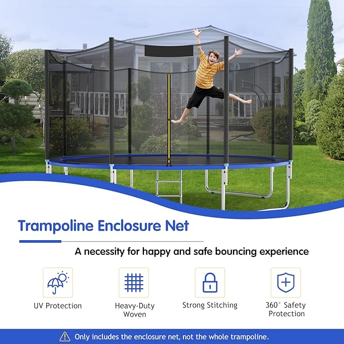 GYMAX Trampoline Net, Trampoline Enclosure for 8 10 12 14 15 16Ft Round Trampoline with Double-Headed Zippers & Buckles, Weather-Resistant Sun-Protective Trampoline Replacement Net