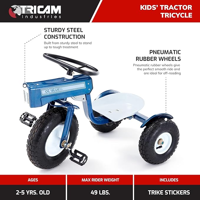 Tricam Kids 22" Steel Ride-On Tractor Tricycle, Toddler Bike for Ages 2-5, Blue