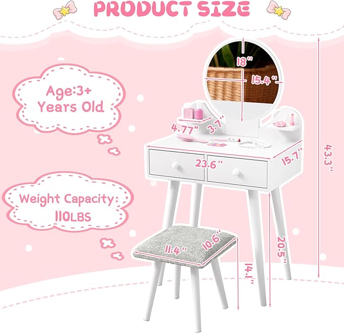 Arlopu Kids Vanity Table and Chair Set, 2 in 1 Toddler Makeup Dressing Desk with Detachable Large Mirror and Stool, Drawers, Princess Wooden Pretend Play Toys for Little Girls (White)