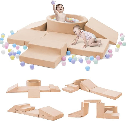 Foam Climbing Blocks with Ball Pit & Stairs for Toddlers Aged 1-3 -Soft Playset for Indoor Crawling, Foam Playground Set for Baby to Active Playing Inside -(Balls NOT Included),Beige