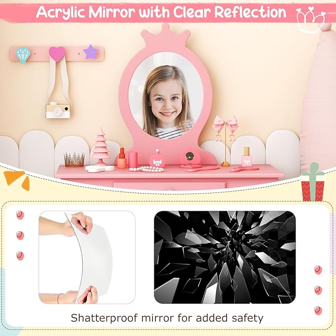 HONEY JOY Pink Crown Makeup Vanity, Includes Chair & Real Glass Mirror, Large Engineered Wood Kids' Vanity Set, Safe & Sturdy, Easy to Install & Clean, Pink