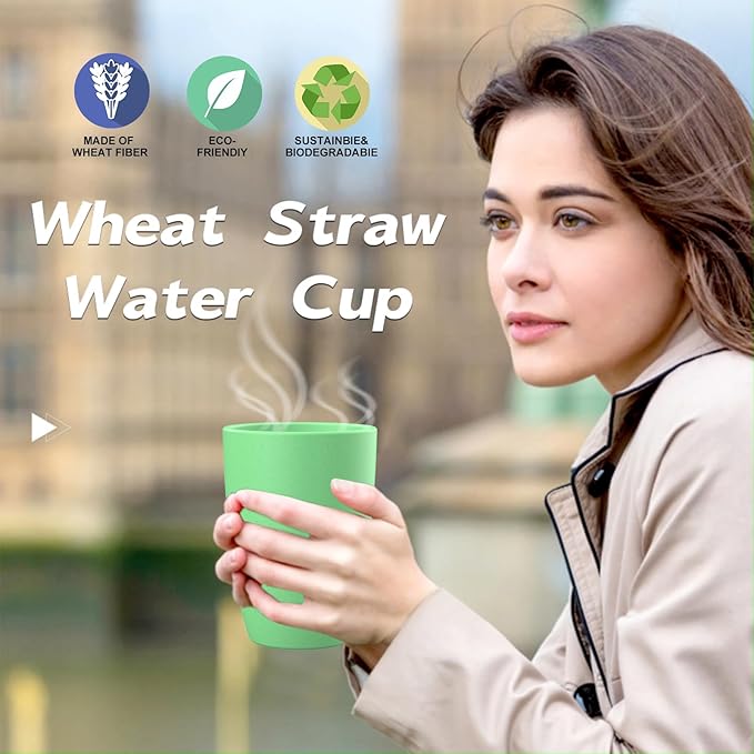 unbreakable wheat straw cups 20oz set of 6 with textured pattern anti slipping,big plastic drinkings cups microwave safe and dishwahser safe.White-Green-Blue