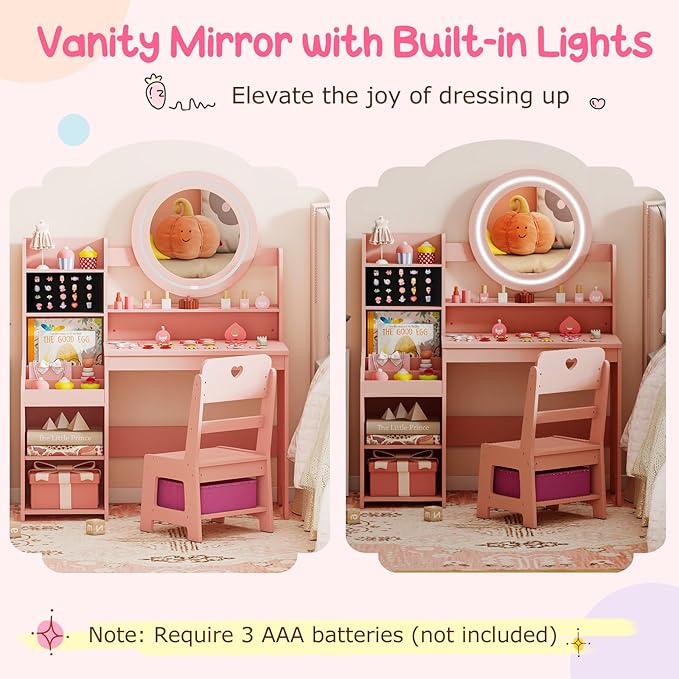 Costzon Kids Vanity, Girls Vanity Set with Mirror and Lights, Jewelry Storage, Shelves, Princess Toddler Makeup Vanity Desk Dressing Table, Wooden Kids Vanity Table and Chair Set (Pink)