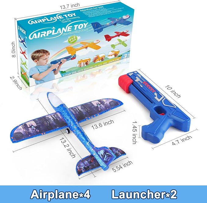 Fuwidvia 4 Pack Airplane Launcher Toys, 2 Flight Modes LED Foam Plane Toy for Boys, Outdoor Flying Toys Birthday Gifts for Boys Girl 4 5 6 7 8 9 10 11 12 Year Old