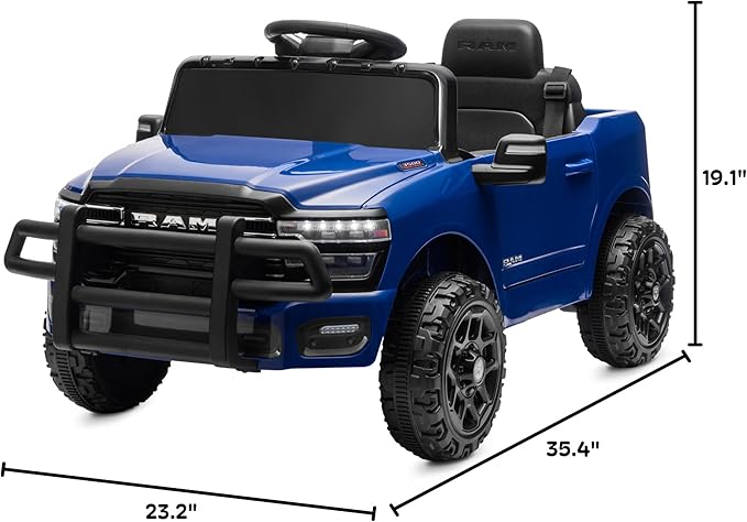 Kidzone Ride On Truck for Kids, Licensed RAM 3500 12V Battery Powered Electric Car Toy with Remote Control, LED Lights, Bluetooth Music & Rear Suspension - Blue