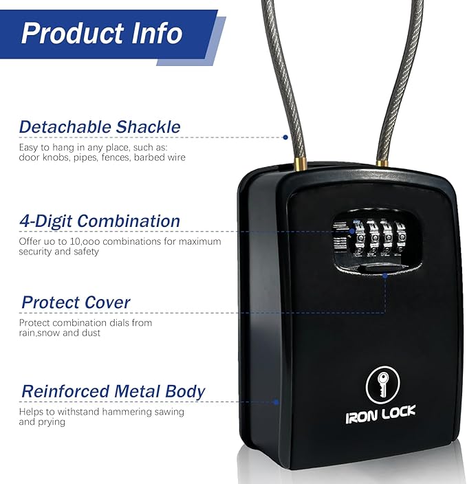 Iron Lock® XXL Portable Key Lock Box and Wall Mounted with Removable Cable Shackle Waterproof Indoor Outdoor 4 Digit Combo Resettable Code with A B Switch Extra Large Key Lockbox Outside (XXL, Black)