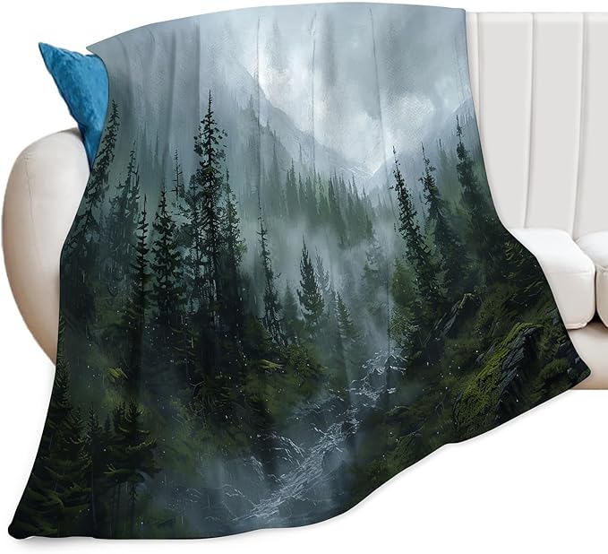 Forest Blanket Misty Mountain Tree Throw Blanket Cozy Plush Fleece Flannel Green Nature Blankets Landscape Party Gifts for Girls Boys Women Men 60"X50"