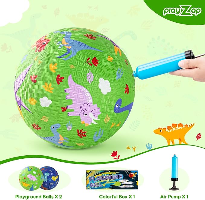 PlayZap 2 Pack Playground Balls for Kids, Dinosaur Kickballs for Toddlers 1-8, 8.5 in Rubber Balls with Pump, Indoor & Outdoor Dodgeball Toys for Boys & Girls Gifts