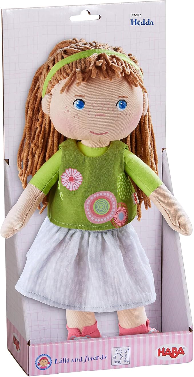 HABA 12" Soft Baby Doll Hedda with Brown Hair, Blue Eyes & Embroidered Face, Washable Toddler Doll for 18 Months+