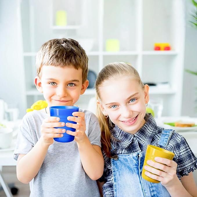 Set of 12 Kids Plastic Cups- 8 oz Children Drinking Cups Reusable Unbreakable Plastic Stackable Water Tumblers for Kids & Toddlers Bright Colored- Dishwasher and Microwave Safe