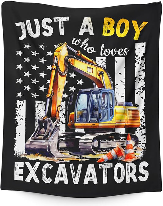 Excavator Gifts for Boys Men, Cute Car Throw Blanket for Kids Adults Construction Truck Lovers, 60x80 Inches Just A Boy Who Loves Excavators Blankets for Sofa Couch Bed