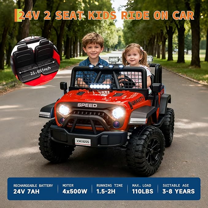 24V Ride on Car for Kids, 2 Seater Electric Truck with Parent Remote Control, Spring Suspension, 2 Speeds, LED Headlight & Music Player, Kids Electric Vehicle for Aged 3-8 Years, Red