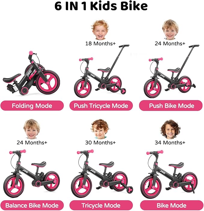 JMMD Toddler Bike with Push Handle for Kids 18-60 Months, 6 in 1 Foldable Push Bike with Training Wheels, Pedals, Brakes, Kickstand, Kid Balance Bike Gift & Toys for Boy & Girl