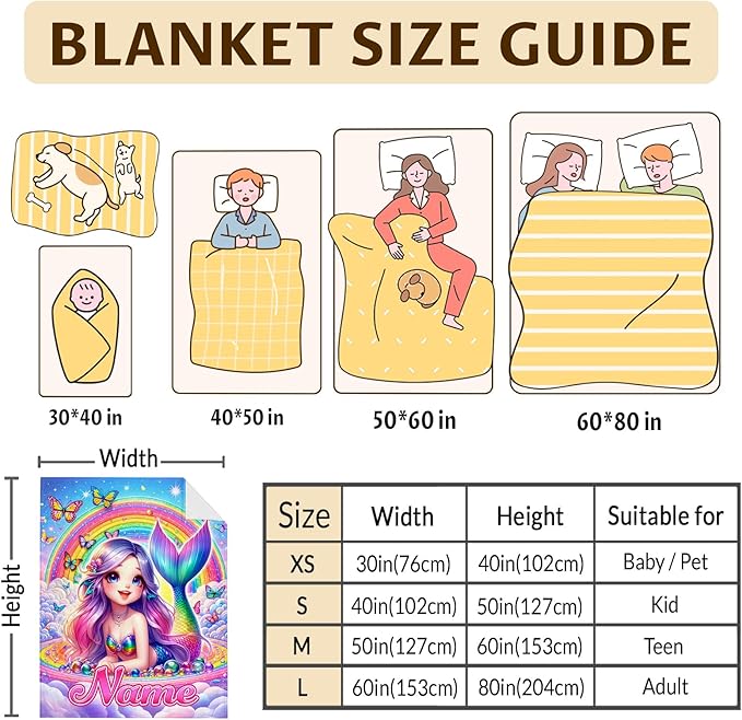 Kids Blanket for Girls Personalized Mermaid Gifts for Daughter, Custom 60x50 Inches Cozy Fluffy Rainbow Mermaid Blankets Throws for Bedroom Couch Camping Living Room