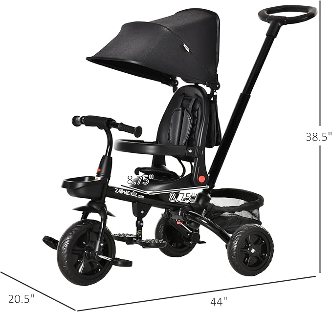 Qaba Kids Tricycle, 4 in 1 Foldable Trike with Reversible Seat, Adjustable Parent Handle, Safety Harness, Wheel Brakes, Removable Canopy, Storage, Tricycle for Toddlers 1-5 Years, Black