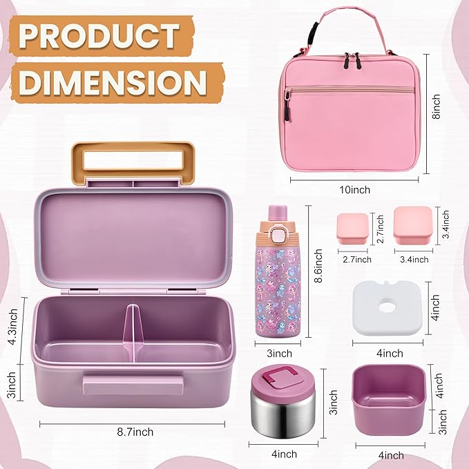 PIQUEBAR Bento Lunch Box for Kids with Thermo Ice Pack Lunch Food Container Insulated Bag, 18oz Plastic Sport Water Bottle for Kid Girls Boys (T-Pink Mermaid)