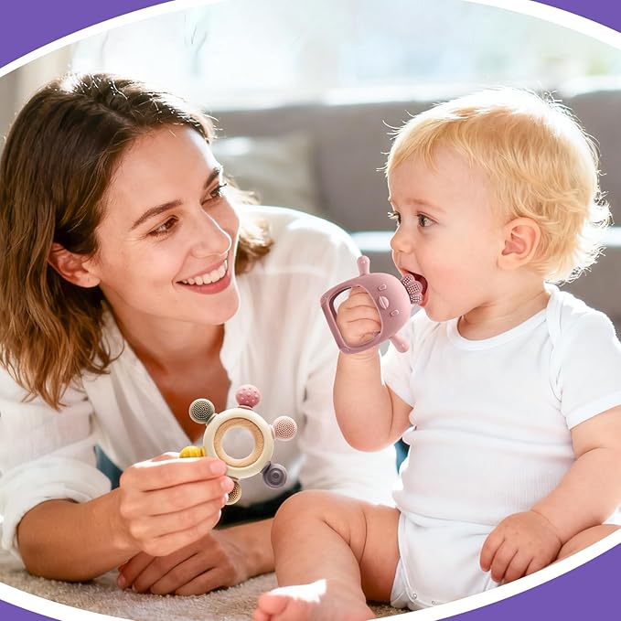 2 Packs Baby Teething Toy for 3-6 6-12 Months, Teether Mitten & Silicone Rudder with Wooden Ring, Food Grade Silicone, BPA-Free, Baby Chew Toys for Sucking Needs