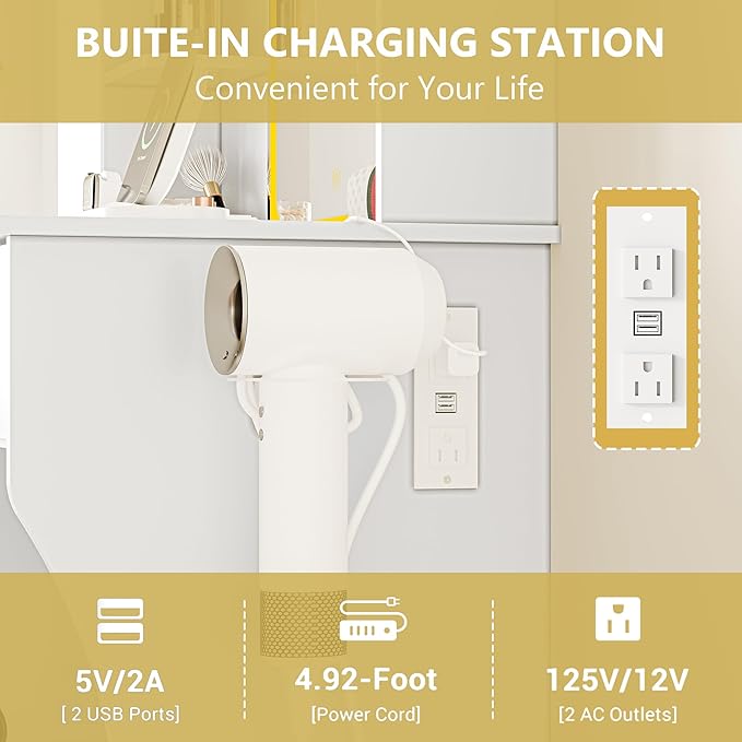 Small Vanity Desk with Mirror and Lights, Makeup Vanity Table Set with 3 Lighting Modes & Adjustable Brightness, Power Outlet, Storage Drawers, Cushioned Stool, Dressing Table for Women Girls