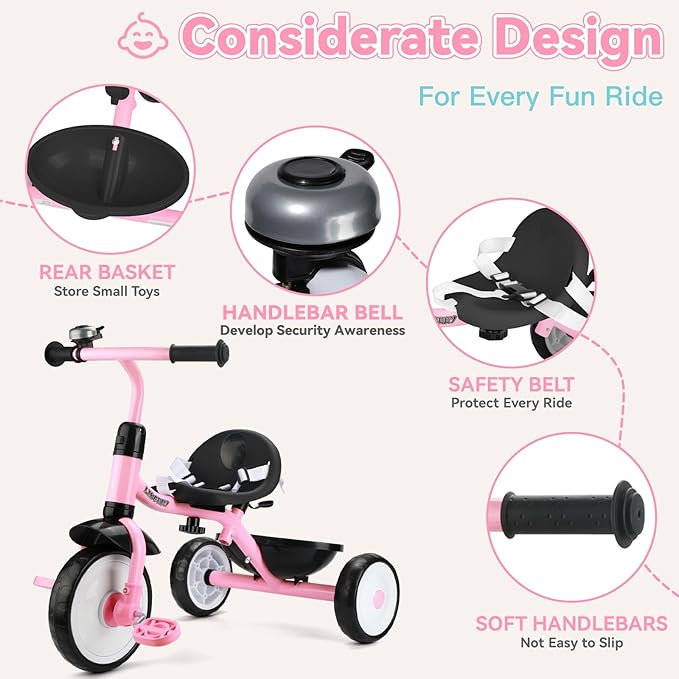 Liberry 2 in 1 Toddler Tricycle Age 2 3 4 Years Old, Kids Trike with Adjustable Push Handle, Bell & Basket, 3 Wheel Bike Riding Toy Birthday for Girls Boys, Light Pink