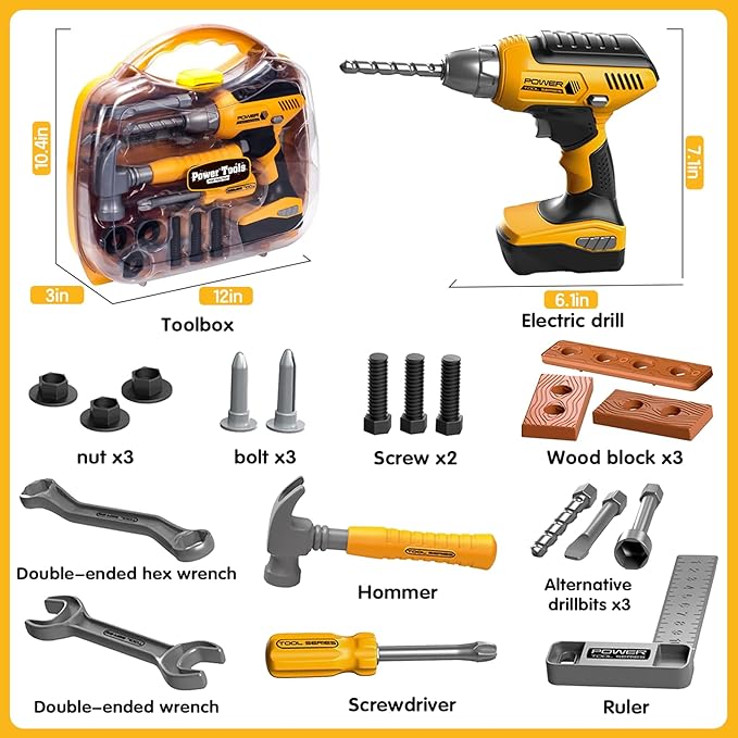 Pretend Play Kids Construction Kits, Kids Tool Set with Electronic Toy Drill & Tool Box, Toy Tools Christmas Birthday Gift for 3 4 5 6 7 8 Year Old Boys & Girls