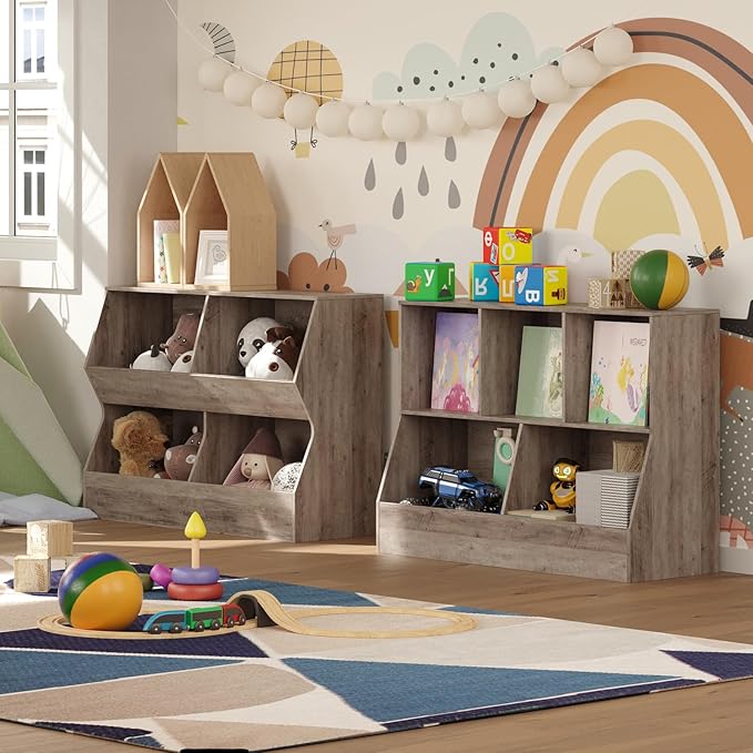 DINZI LVJ Kids Bookshelf, Toy Storage Organizer, Wooden Toy Storage Cabinet, 4 Cubby Children Bookcase, 39.4" L Toddler Book Shelf for Bedroom, Nursery, Hallway, School, Greige