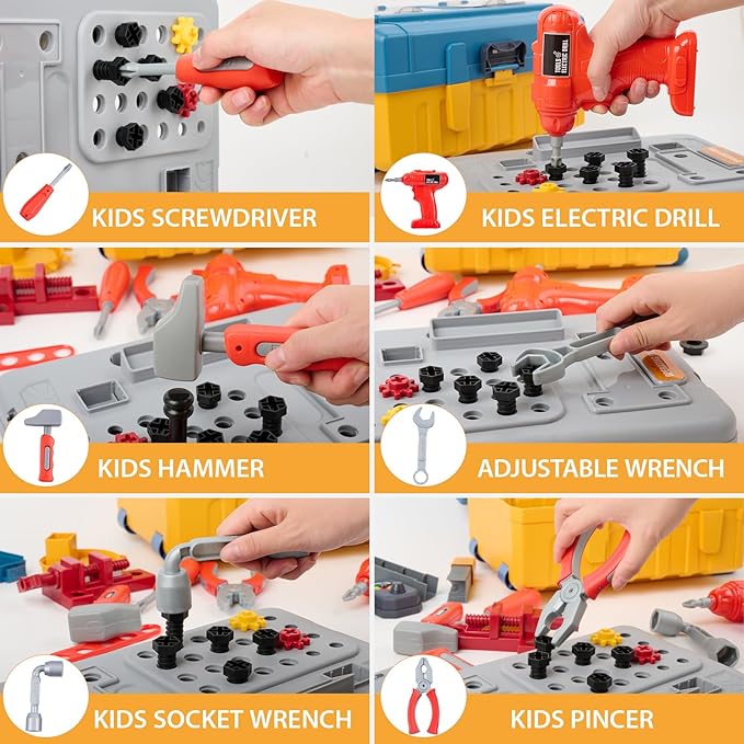 Kids Tool Bench with Kids Tool Set, Three Modes Toddler Tool Bench with Electric Drill Set, Pretend Construction Toys Kid Workbench, Toddler Workbench Tool Bench for Kid Ages 3-5 6-8