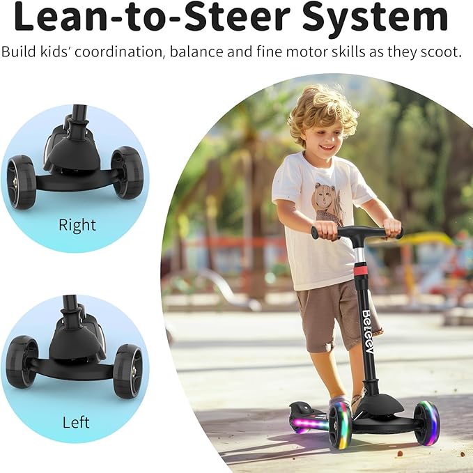 BELEEV A9 Kids Scooter with LED Light-Up Wheels & Deck, 3 Wheel Folding Scooter for Toddlers Girls Boys Ages 3-12, Adjustable Handlebar, Lean to Steer, Extra-Wide Wheels, Kick Scooter for Children