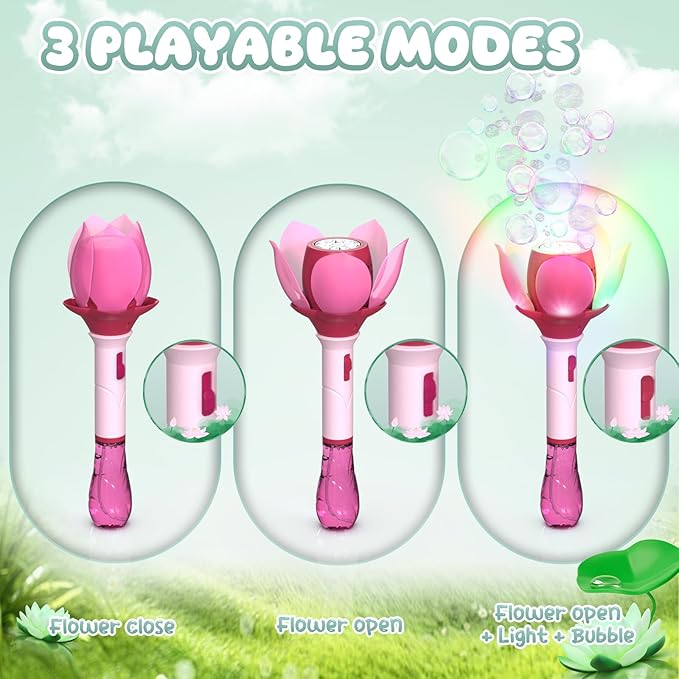 PANACARE Bubble Wand Blower for Kids Handheld Lotus Bubble Wand Automatic Bubble Machine with Battery/Light/10000+Bubbles/Bubble Solution Bubble Toy Gift for Girl Boys Party Weddings Outdoor Indoor