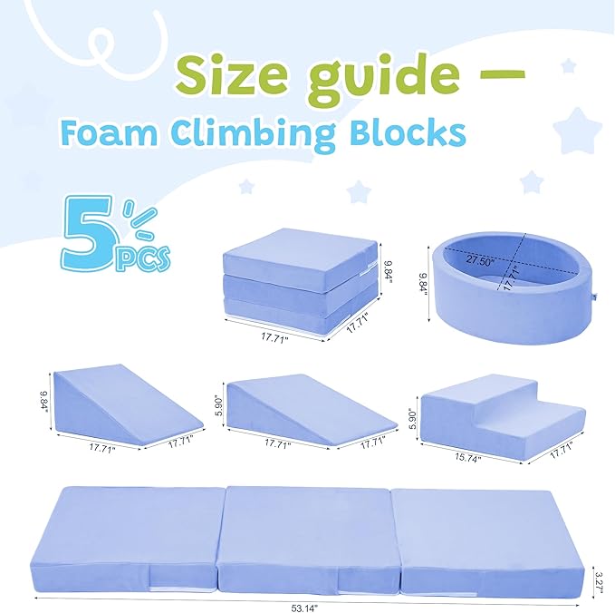 Foam Climbing Blocks with Ball Pit & Stairs for Toddlers Aged 1-3 -Soft Playset for Indoor Crawling, Foam Playground Set for Baby to Active Playing Inside -(Balls NOT Included),Light Blue