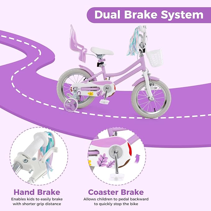 BABY JOY Kids Bike, 12 14 16 18 Inch Children Bicycle w/Detachable Training Wheels, Storage Basket, Adjustable Seat & Handlebar, Bow or Streamer, Girls Bike for 3-8 Years Old