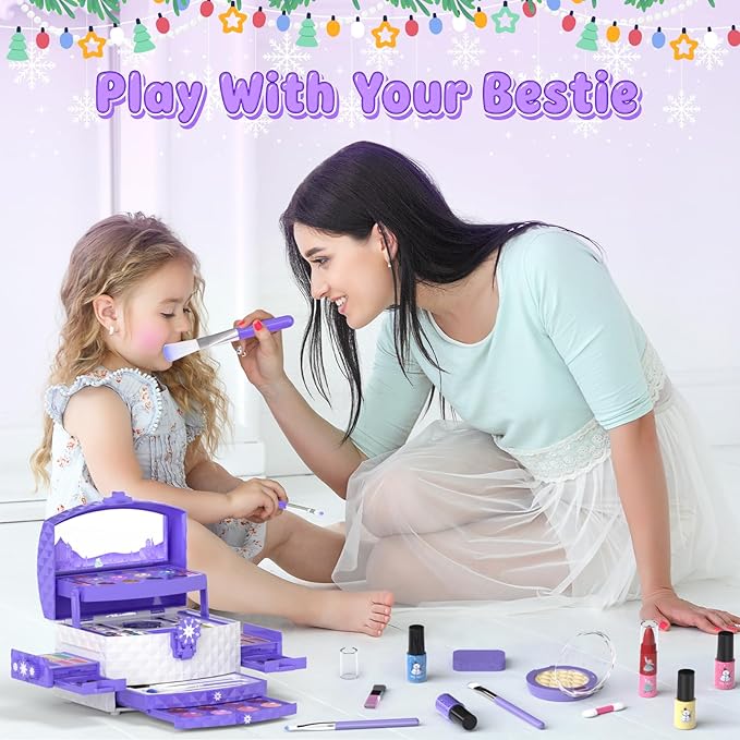 GirlsHome Kids Makeup Set for Girl 56 Pcs Washable Real Cosmetic, Non-Toxic Frozen Toys Toddler Makeup Kit, Frozen Princess Dress up Kit Christmas & Birthday Girl Gift for 3-12 (Frozen Purple)