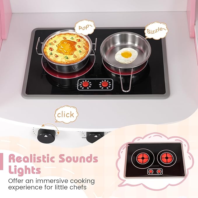 GLACER Corner Kids Kitchen Playset, Wooden Play Kitchen with Washing Machine, Ice Maker, Microwave, Oven, Sink & Facet, Pretend Toy Kitchen Set with Sounds & Lights for Toddler