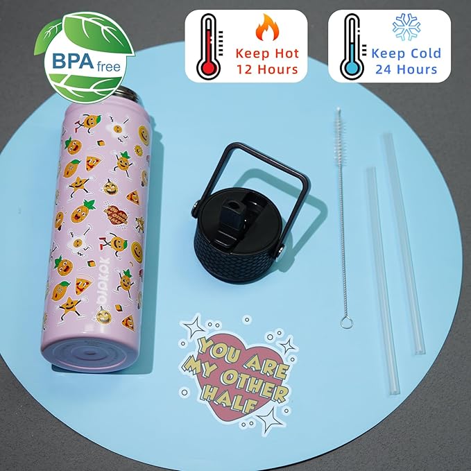 BJPKPK Insulated Water Bottle with Straw Lid, 22 oz Stainless Steel Metal Water Bottles, Reusable Leak Proof BPA Free Water Bottles, Cups, Thermo, Hawaii Fruits-Purple