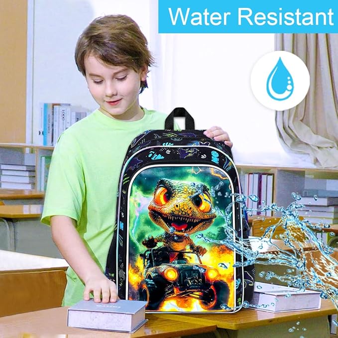 16" Dinosaur Backpack for Boy, 3Pcs Truck Bookbag with Lunch Box, Kids School Backpacks for Elementary Preschool Kindergarten (Black)