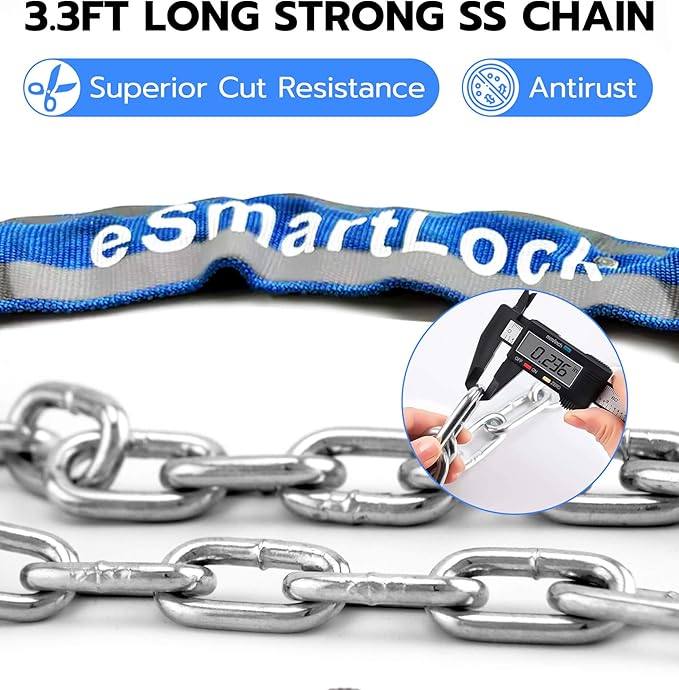 Heavy Duty Anti Theft Chain Lock, Anweller 3.3FT Long Keyless Fingerprint Bluetooth Electronic Digital Lock for Bike Scooter Outdoor Fence Gate, Electric Scooter Bike Accessories for Adults - Blue